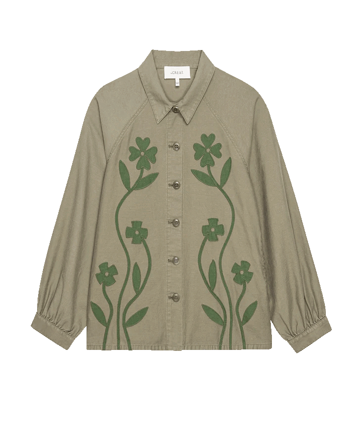 The Floral Applique Commodore Jacket in Tonal Army