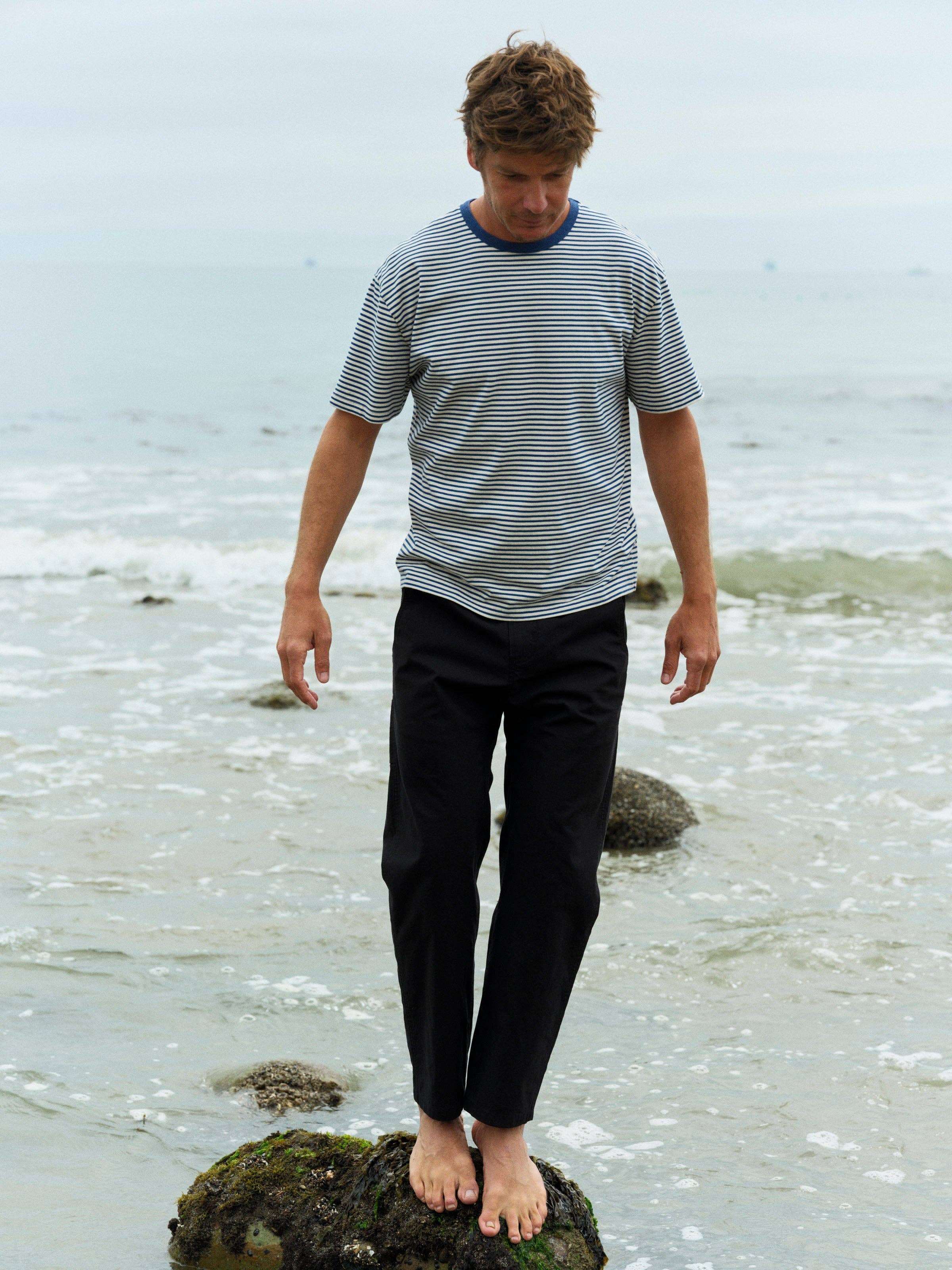 Mollusk- Striped Heavy Tee in Natural/ Indigo