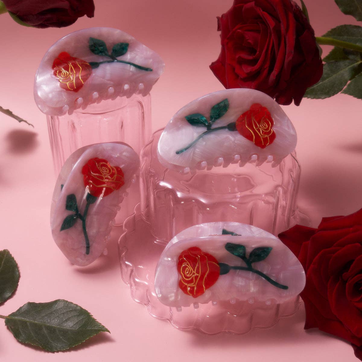 Belle Pink Single Red Rose Acetate Hair Claw