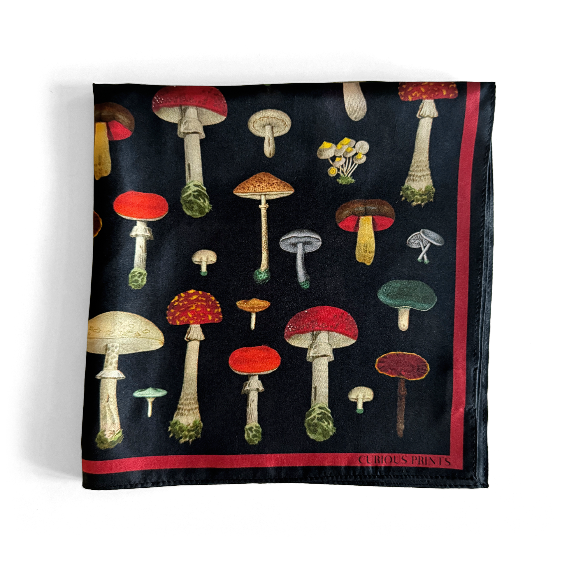 100% Silk Scarf Vintage Black Mushroom Bandana 17x17