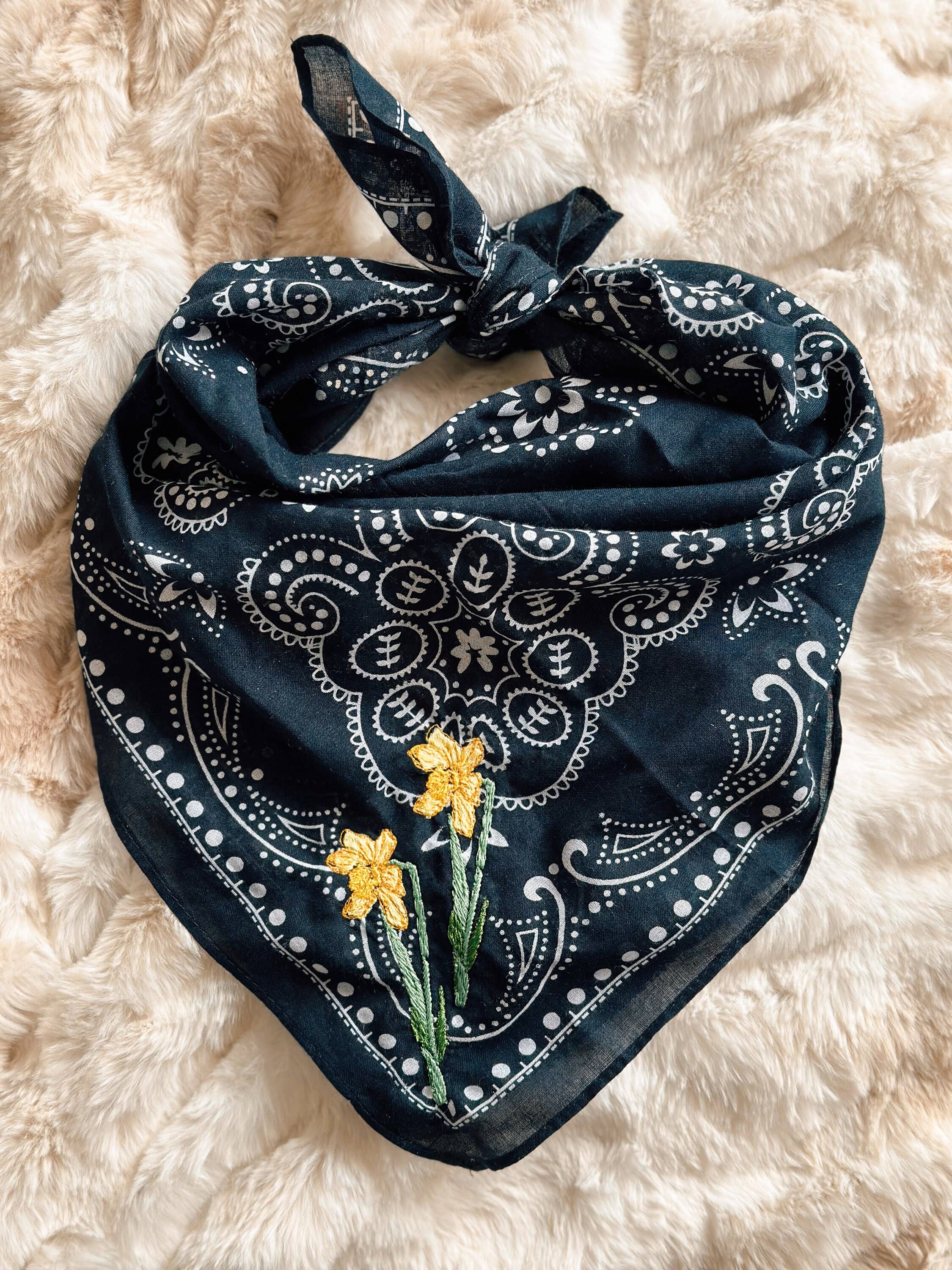 Birthday Flower (March = Daffodil) Embroidered On Bandana