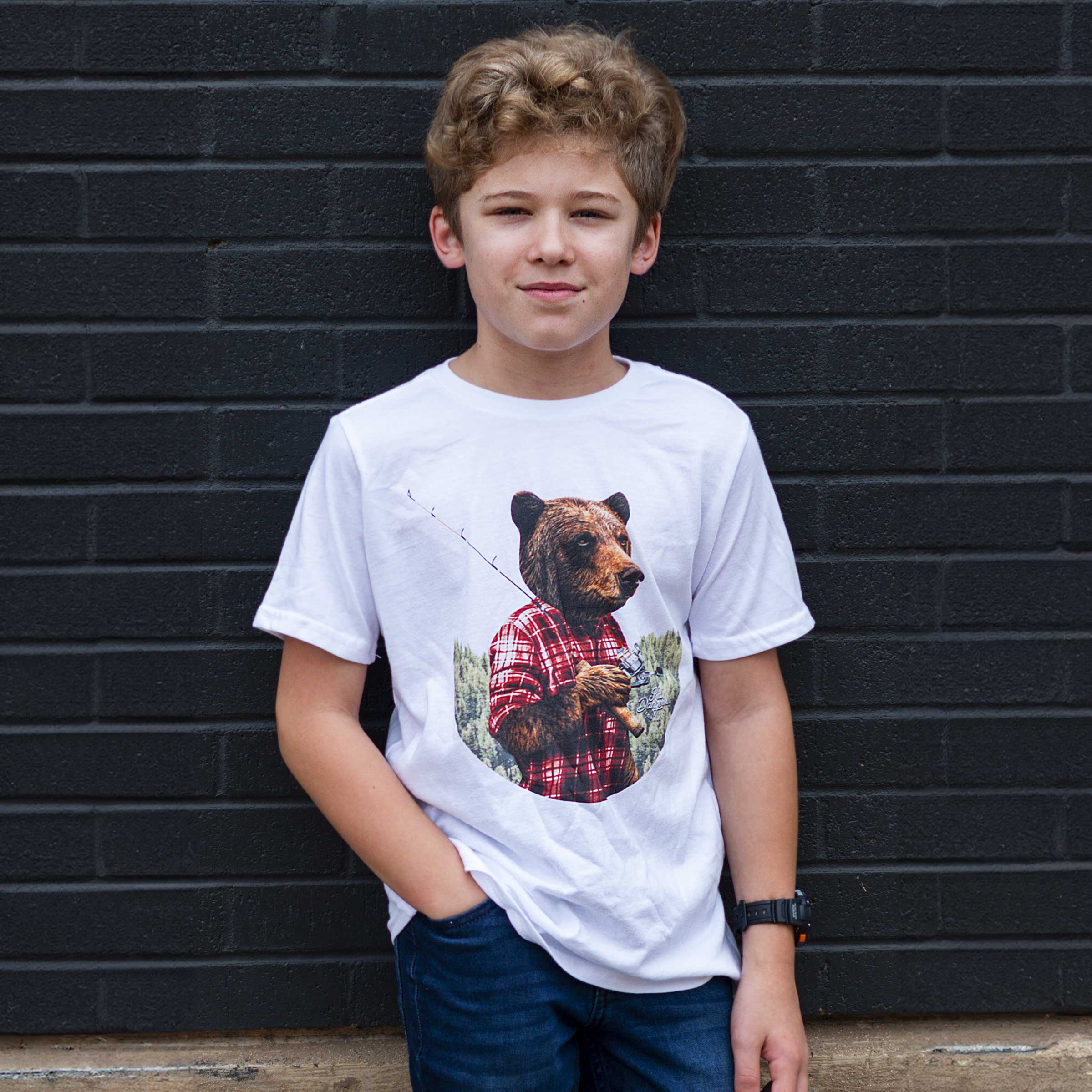 Kids Fishing Bear T-Shirt Wilderness Graphic Tee