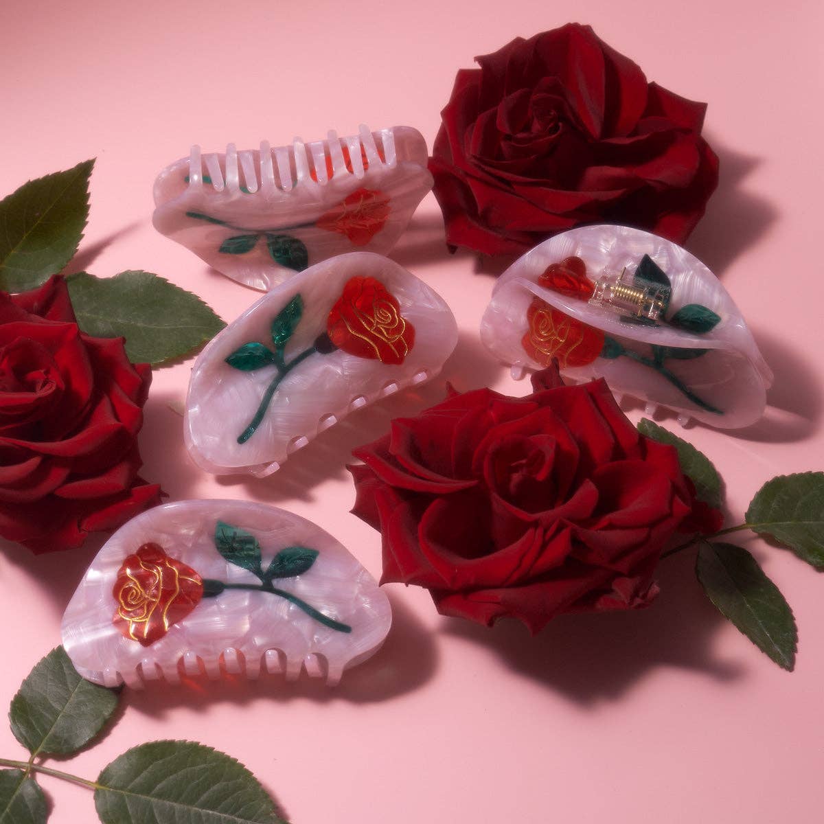 Belle Pink Single Red Rose Acetate Hair Claw