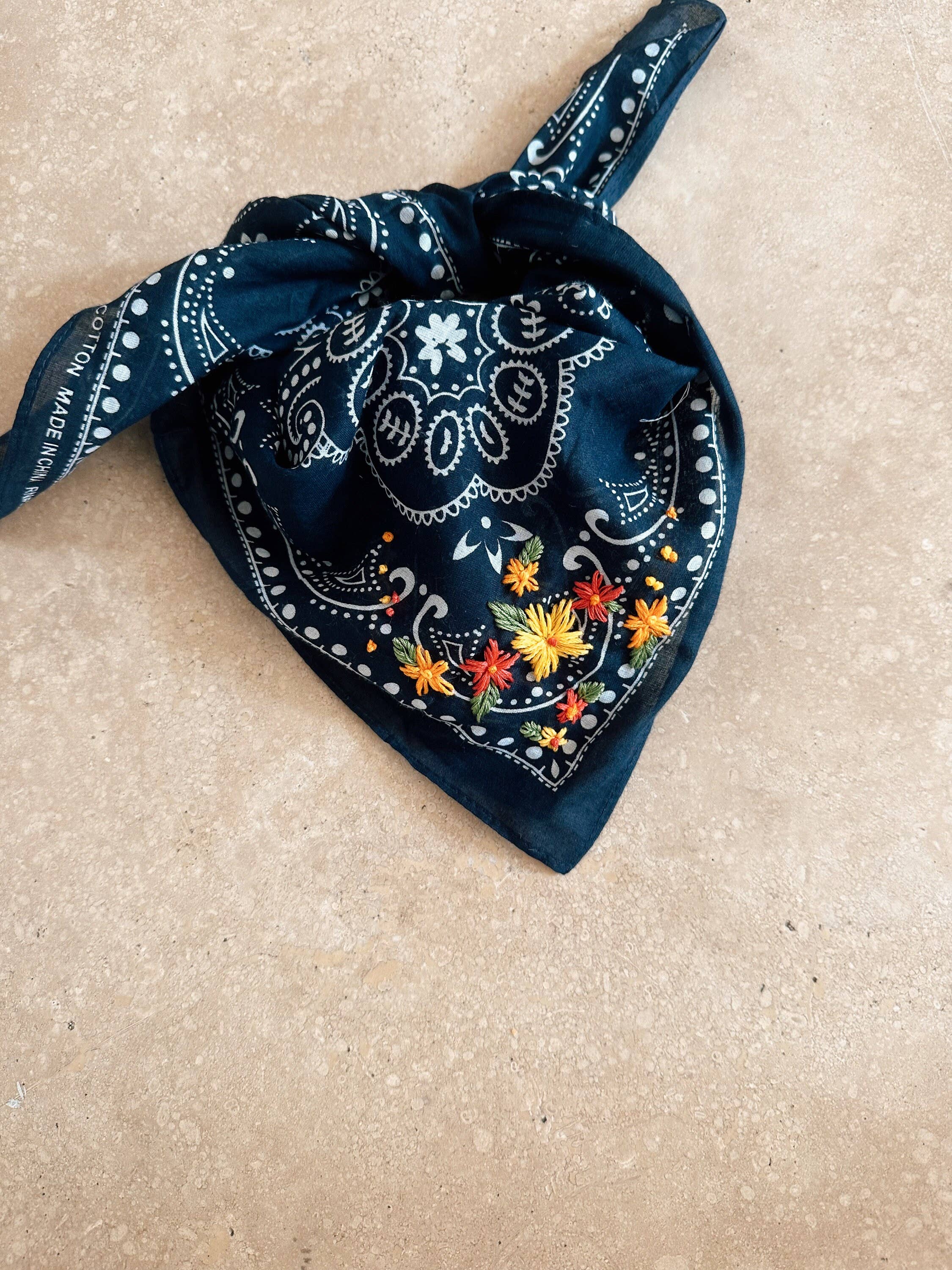 Embroidered Navy Bandana With Bright Flowers