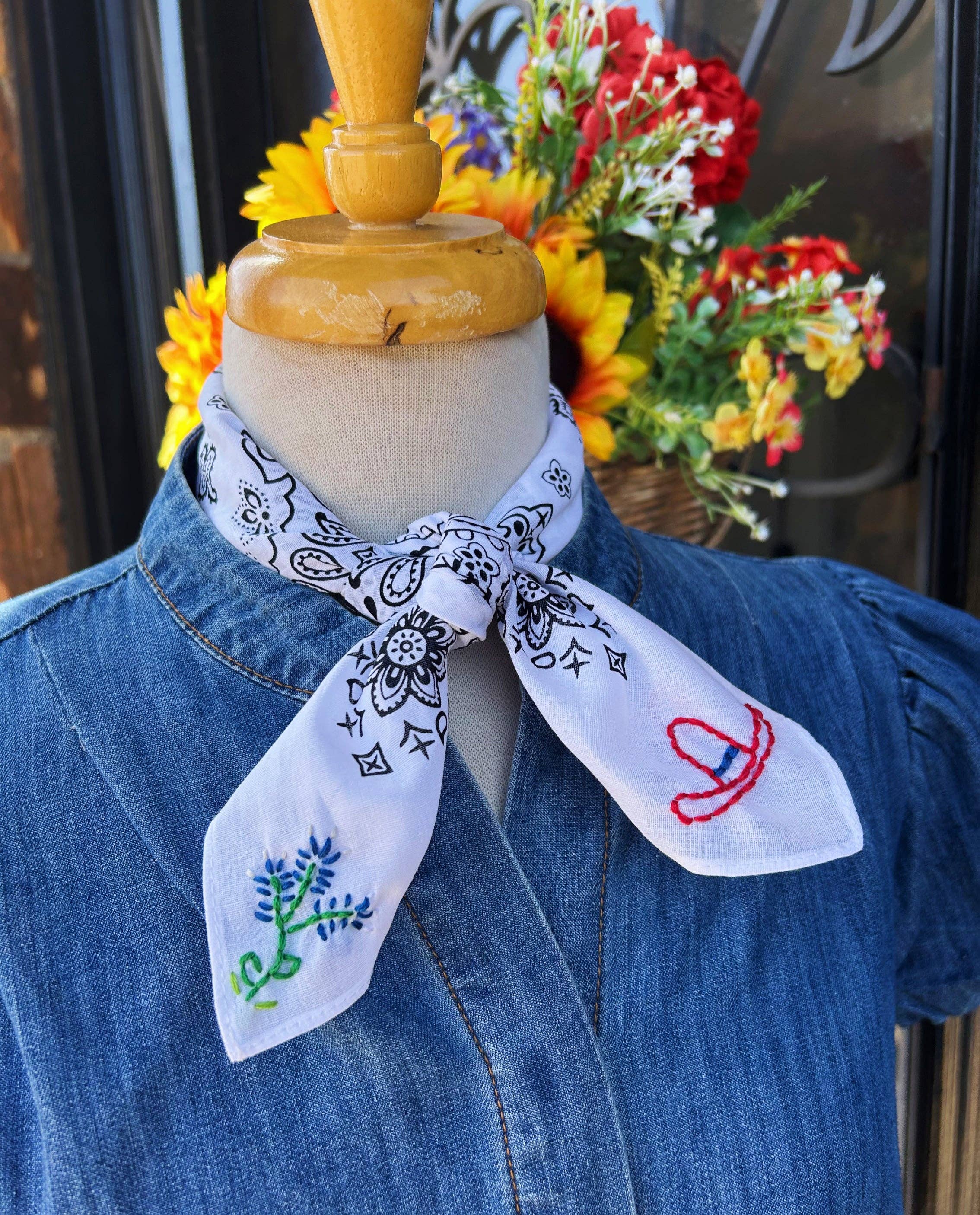 Embroidered Big Hat and Bluebonnets Bandana
