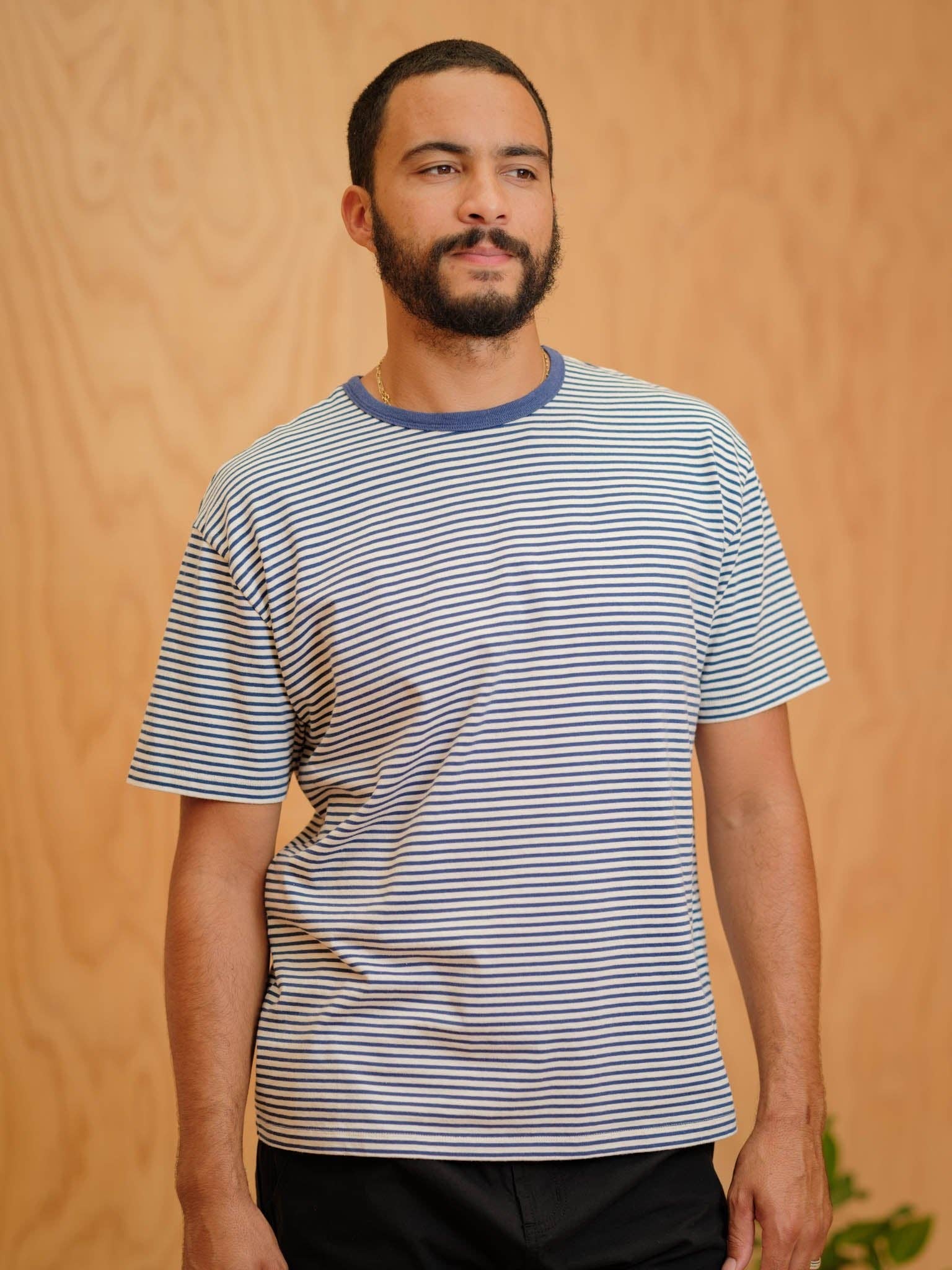 Mollusk- Striped Heavy Tee in Natural/ Indigo