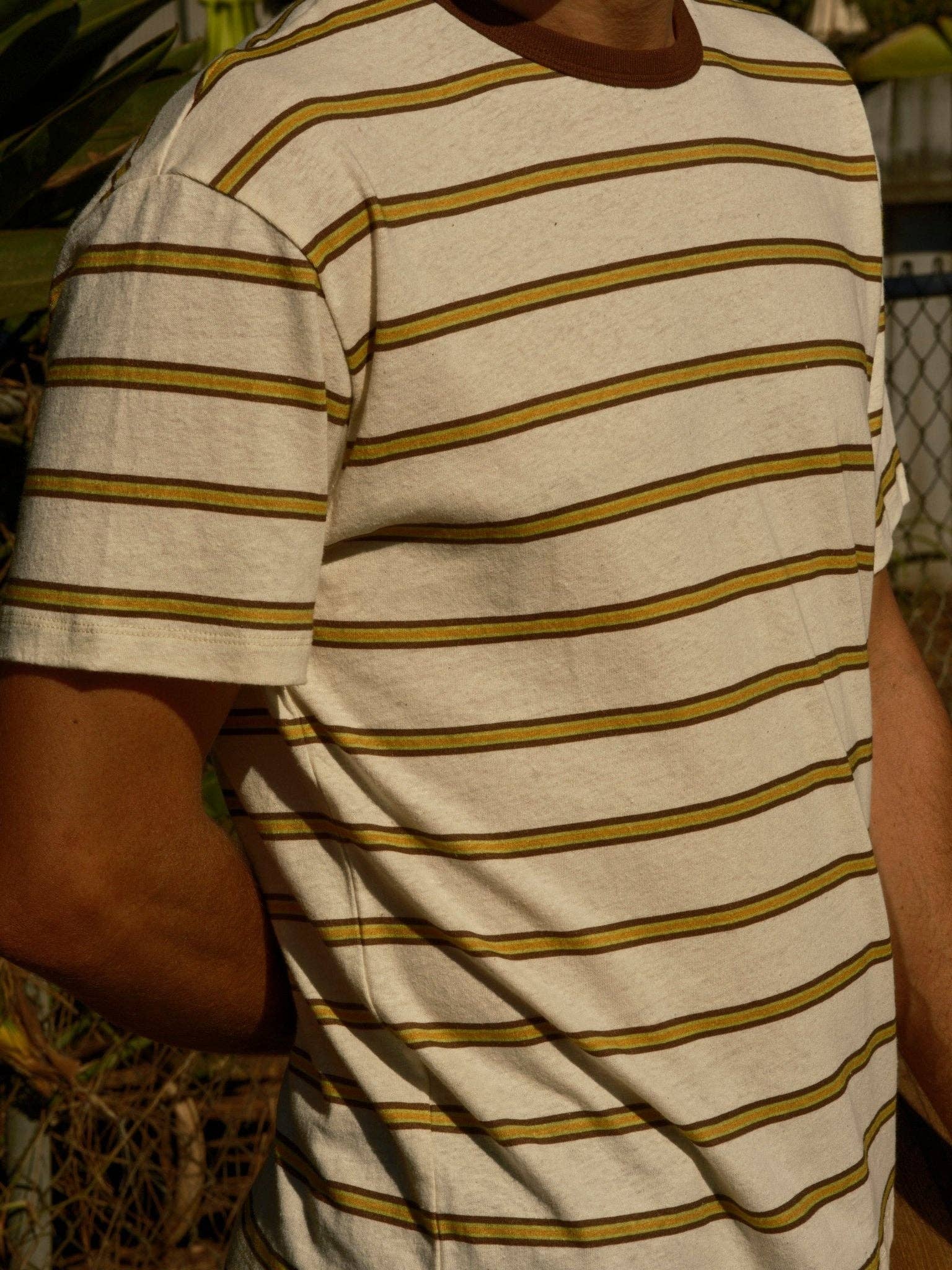 Mollusk- Hemp Tee in Brown and Gold Stripe
