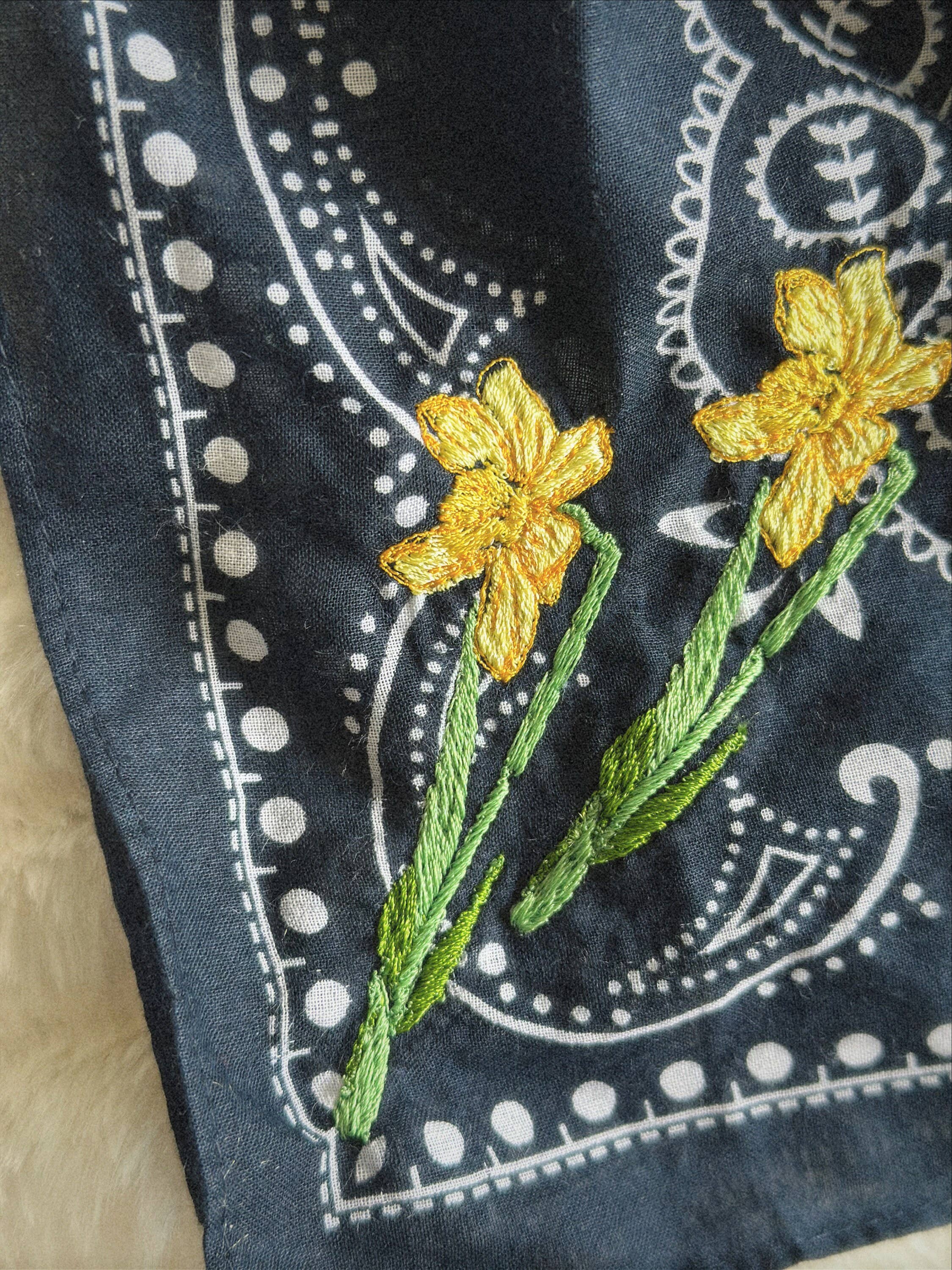 Birthday Flower (March = Daffodil) Embroidered On Bandana