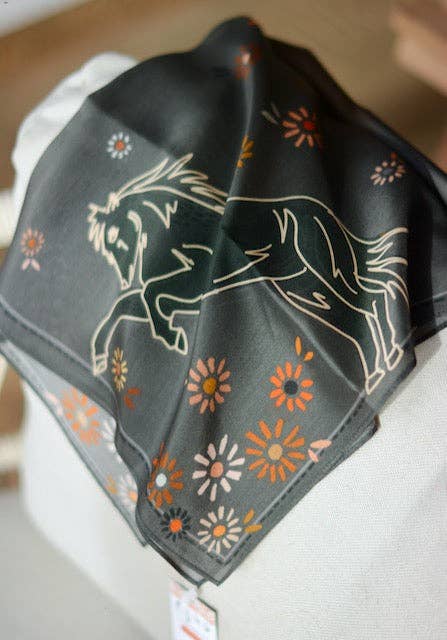 Floral Daisy Charcoal Bucking Horse Silk Wildrag Scarf